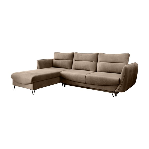 Svetlo rjava žametna raztegljiva/s prostorom za shranjevanje kotna sedežna garnitura (levi kot/z ležalnikom) Silva – ELTAP