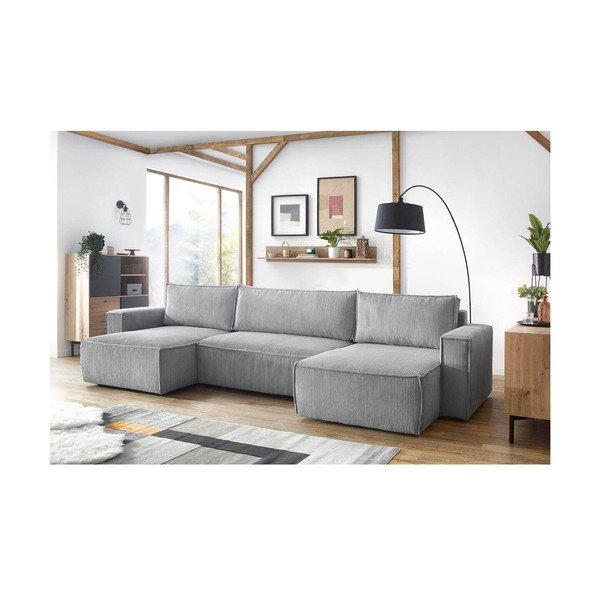 Svetlo siva raztegljiva kotna sedežna garnitura iz rebrastega žameta (v obliki črke "U") Nihad – Bobochic Paris-image-1