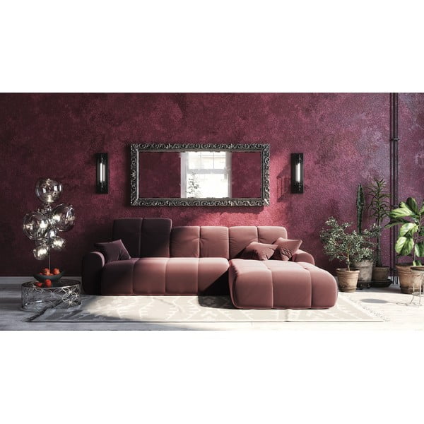 Temno roza žametna kotna raztegljiva sedežna garnitura Devichy Tous, desni kot-image-4