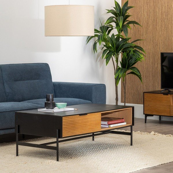 Črna mizica v jesenovem dekorju 60x124 cm Orleans – Ixia-image-2