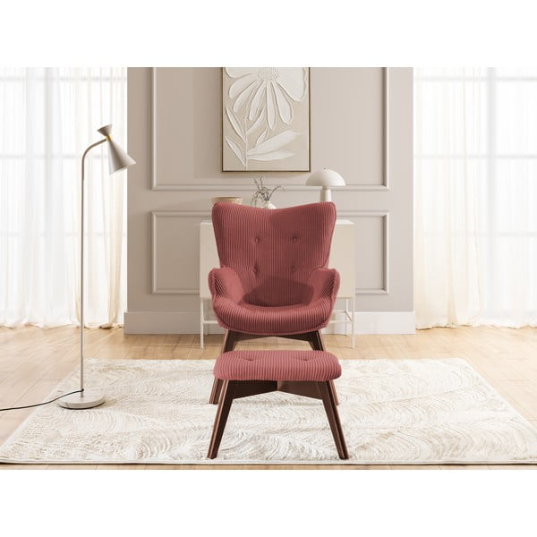 Rdeč fotelj z naslonjalom za noge iz rebrastega žameta Niko – Ropez-image-1