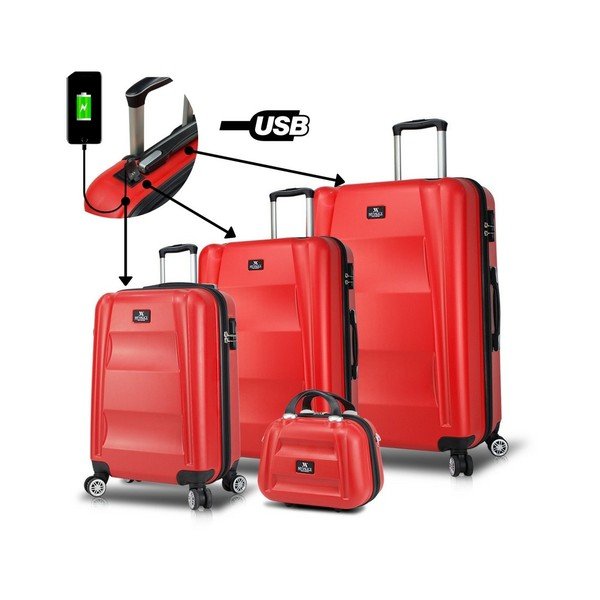 Komplet 3 rdečih potovalnih kovčkov na kolesih z vrati USB in prenosnim kovčkom My Valice LASSO Travel Set-image-4