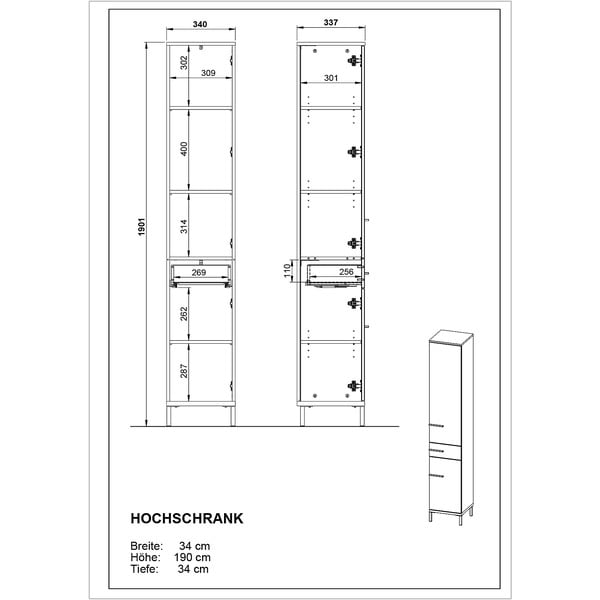 Sivo-bež visoka kopalniška omarica v orehovem dekorju 34x190 cm Yonkers - Germania-image-4