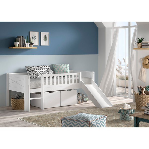 Bela dvignjena otroška postelja iz masivnega bora s prostorom za shranjevanje z letvenim dnom 90x200 cm Scott – Vipack-image-1