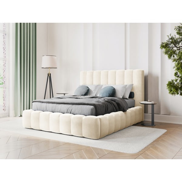 Bež oblazinjena zakonska postelja s prostorom za shranjevanje z letvenim dnom 160x200 cm Kelp - Micadoni Home-image-1