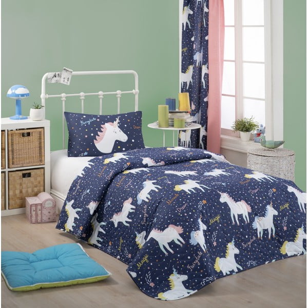 Komplet posteljnega pregrinjala in prevleke za vzglavnik iz bombažne mešanice Eponj Home Magic Unicorn Dark Blue, 160 x 220 cm