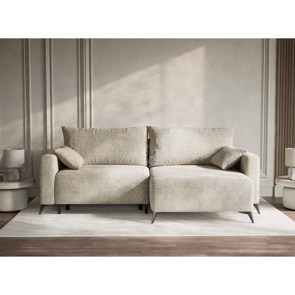 Bež raztegljiva/s prostorom za shranjevanje kotna sedežna garnitura iz šenilje (desni kot/z ležalnikom) Leon – Maison de Rêve-image-1