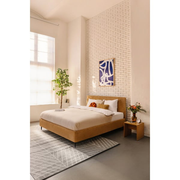 Gorčično rumena oblazinjena zakonska postelja z letvenim dnom 160x200 cm Noira Slim – Bonami Selection-image-1