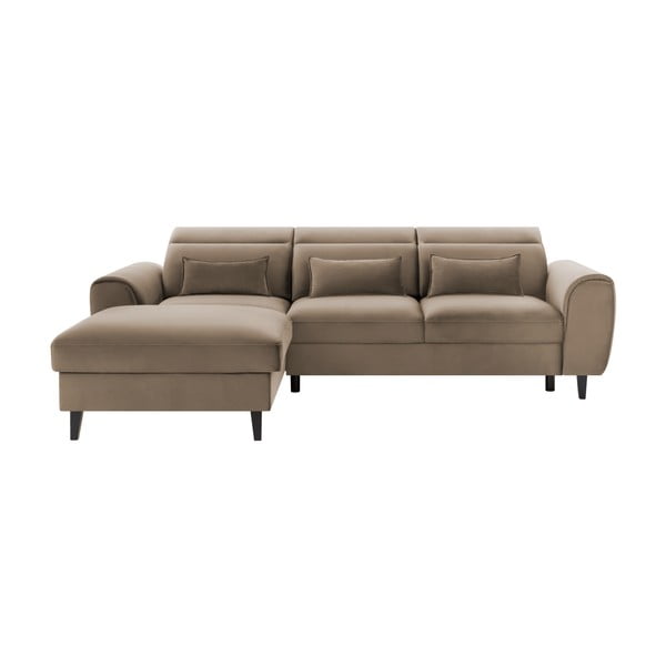 Svetlo rjava žametna raztegljiva/s prostorom za shranjevanje kotna sedežna garnitura (levi kot/z ležalnikom) Foble – ELTAP