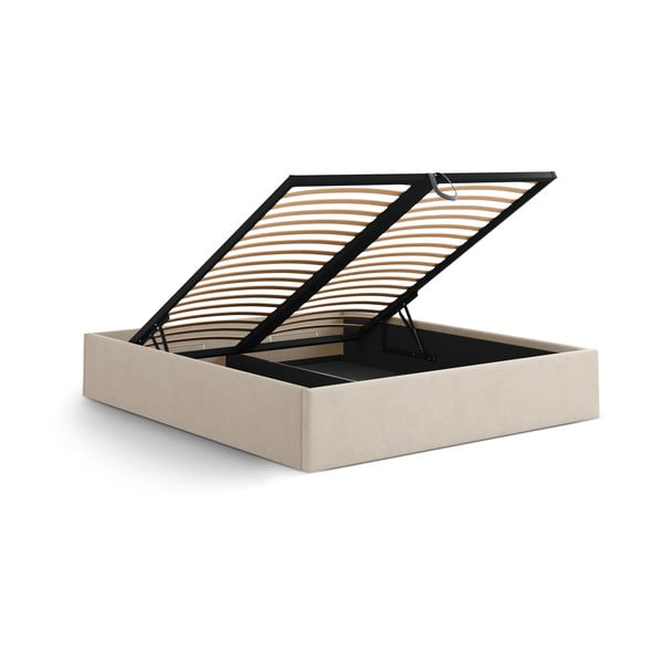 Svetlo rjava oblazinjena zakonska postelja s prostorom za shranjevanje/brez vzglavja z letvenim dnom 140x200 cm Susan – Micadoni -image-3