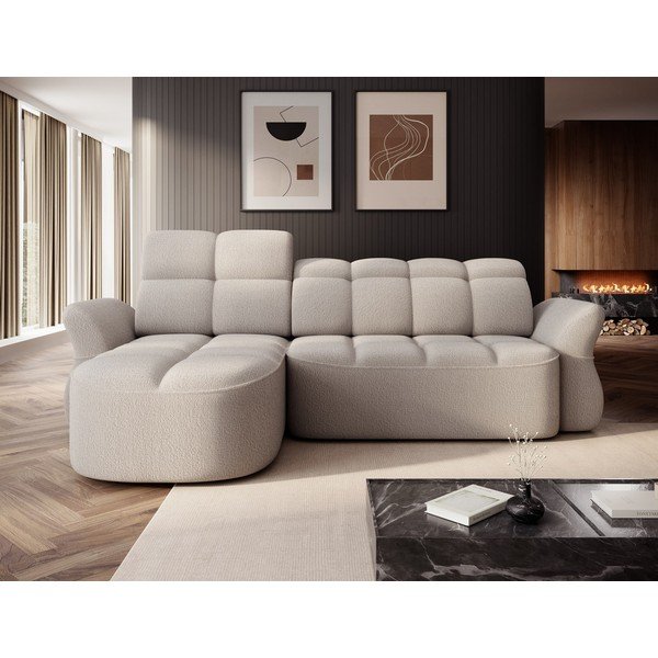 Bež raztegljiva/s prostorom za shranjevanje kotna sedežna garnitura iz tkanine bouclé (levi kot/z ležalnikom) Beneth – ELTAP-image-1