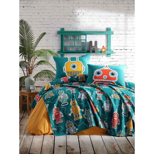 Komplet posteljnega pregrinjala in vzglavnika EnLora Home Robotta Green, 160 x 235 cm
