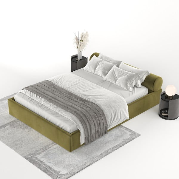 Temno zelena oblazinjena zakonska postelja s prostorom za shranjevanje z letvenim dnom 160x200 cm Solvo – Maison de Rêve-image-3