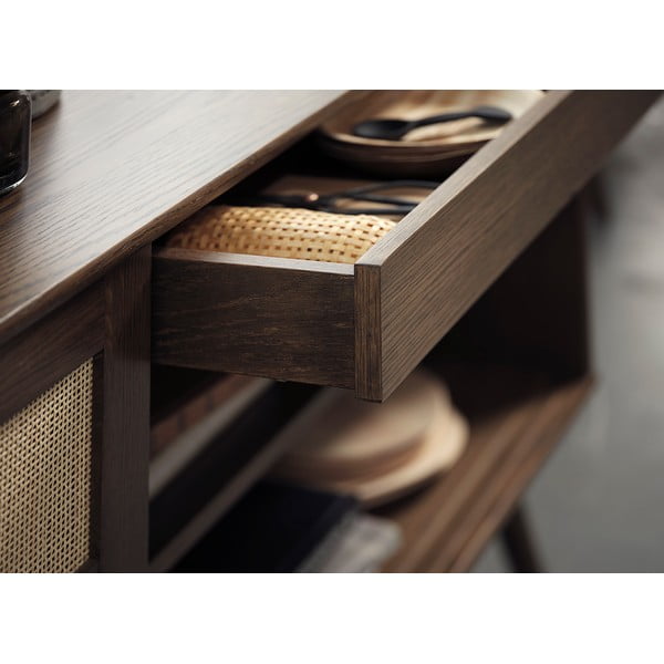 Temno rjava nizka komoda v hrastovem dekorju z drsnimi vrati 180x80 cm Barrali – Unique Furniture-image-4