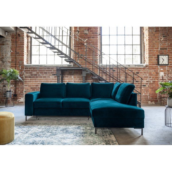 Turkizna žametna raztegljiva kotna sedežna garnitura (desni kot) Lofty Lilly – Miuform-image-3