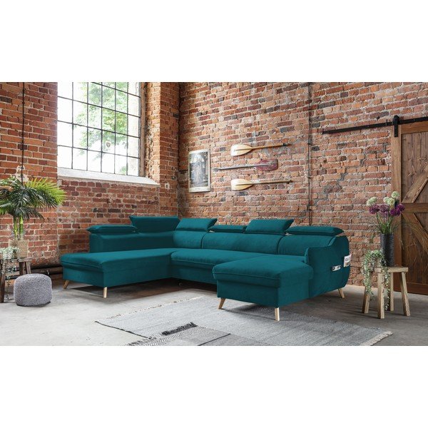 Turkizna žametna raztegljiva kotna sedežna garnitura (levi kot/v obliki črke "U") Sweet Harmony – Miuform-image-4