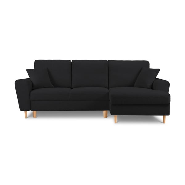 Črna raztegljiva kotna sedežna garnitura s prostorom za shranjevanje iz tkanine bouclé (desni kot/z ležalnikom) Kyoto – Cosmopolitan Design