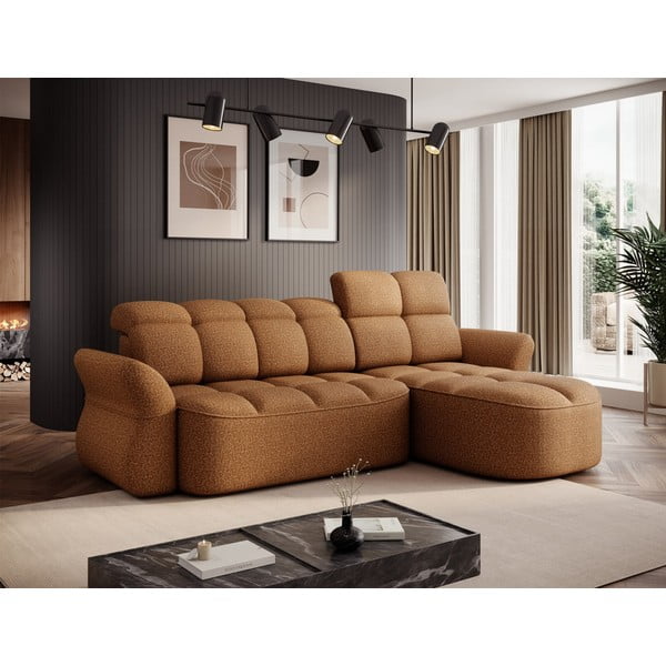 Rumena/rjava žametna raztegljiva/s prostorom za shranjevanje kotna sedežna garnitura (desni kot/z ležalnikom) Beneth – ELTAP-image-1