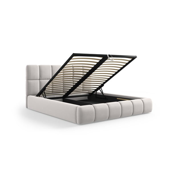 Svetlo siva žametna oblazinjena zakonska postelja s prostorom za shranjevanje in z letvenim dnom 180x200 cm Bellis – Micadoni -image-2