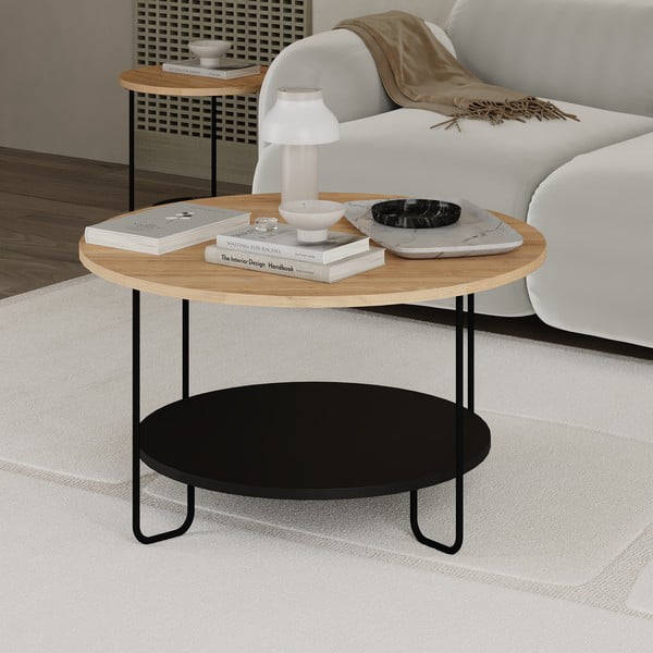 Črna/naravna okrogla mizica z mizno ploščo v hrastovem dekorju ø 80 cm Tonka – Marckeric-image-2