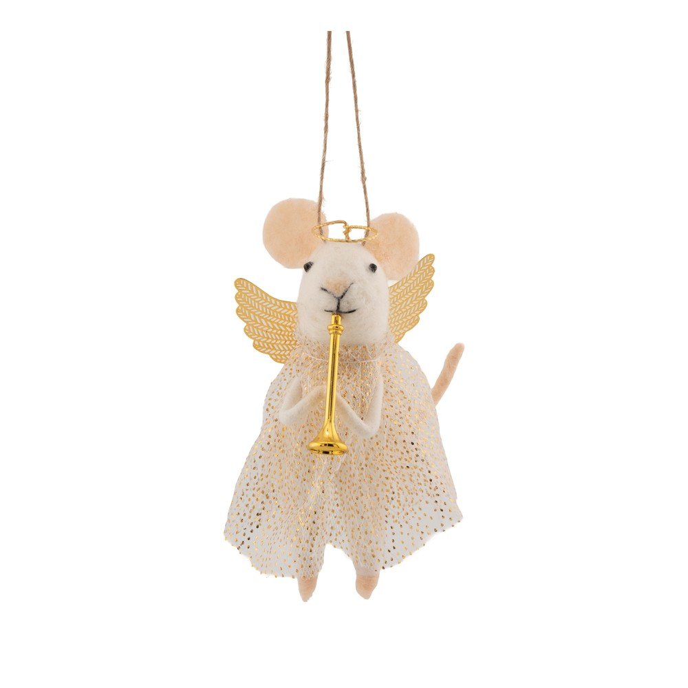 Tekstilni okrasek za jelko 6 cm Angel Mouse Playing the Trumpet
