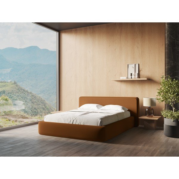 Oblazinjena zakonska postelja s prostorom za shranjevanje z letvenim dnom 160x200 cm v barvi terakote Kiana – Makamii-image-1