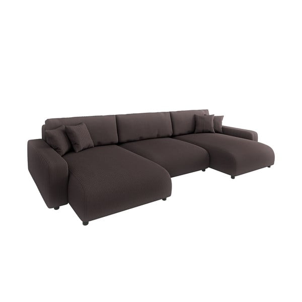 Rjava raztegljiva kotna sedežna garnitura iz rebrastega žameta s prostorom za shranjevanje Sara – Ropez