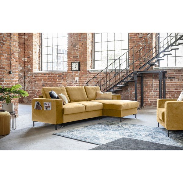 Gorčično rumena žametna kotna raztegljiva sedežna garnitura Miuform Lofty Lilly, desni kot-image-4