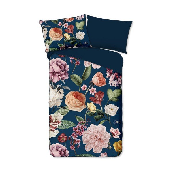 Temno modra enojna podaljšana posteljnina iz bombažnega satena 140x220 cm Fiori – Descanso