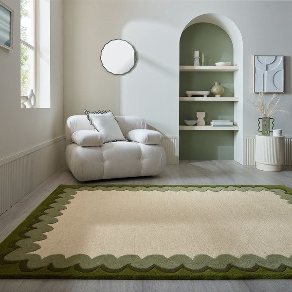 Zelena/v naravni barvi ročno tkana volnena preproga 140x200 cm Wiggle Wool – Flair Rugs-image-1