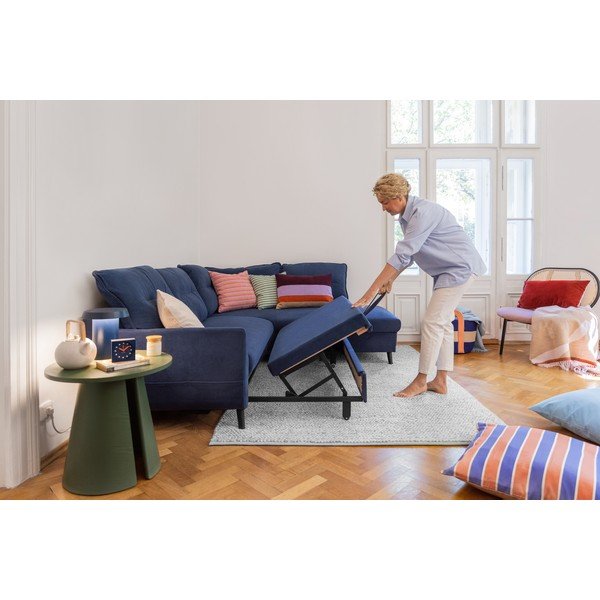 Temno modra žametna kotna raztegljiva sedežna garnitura Miuform Stylish Stan L, levi kot-image-3