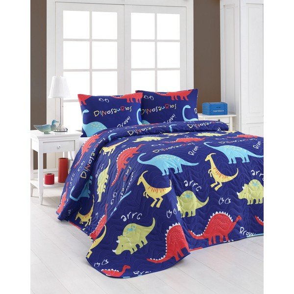 Komplet prešite postelje in 2 prevleki za vzglavnik Eponj Home Dinazorus Blue, 200 x 220 cm