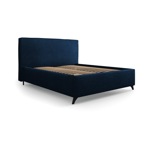 Temno modra oblazinjena zakonska postelja s prostorom za shranjevanje in letvenim dnom 160x200 cm Malou – Milo Casa