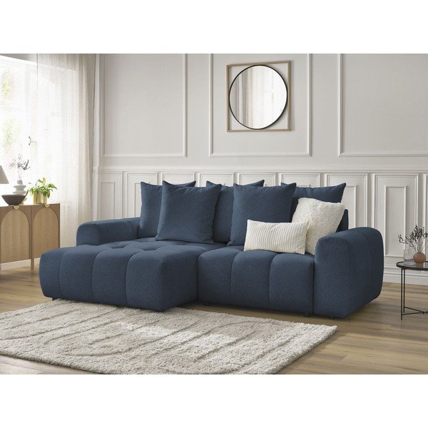 Modra raztegljiva kotna sedežna garnitura iz šenilje s prostorom za shranjevanje (levi kot/z ležalnikom) Roxelane – Bobochic Paris-image-3