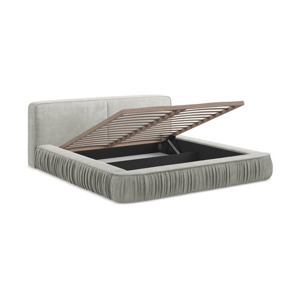 Svetlo siva oblazinjena zakonska postelja s prostorom za shranjevanje z mrežo 180x200 cm Keoni - Makamii-image-1