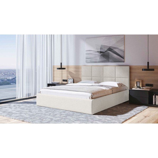 Bež oblazinjena zakonska postelja s prostorom za shranjevanje z letvenim dnom 140x200 cm Bufo – MESONICA-image-1