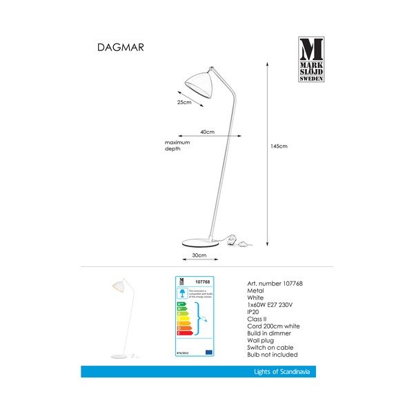 Bela talna svetilka Markslöjd Dagmar Uno Floor White, višina 1,45 m-image-3