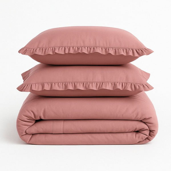 Rožnata podaljšana posteljnina za zakonsko posteljo iz renforce bombaža 240x220 cm Ruffle Striped – Mila Home Luxury