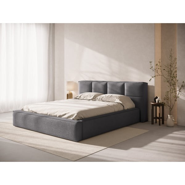 Temno siva oblazinjena zakonska postelja s prostorom za shranjevanje z letvenim dnom 140x200 cm Simon Darren – Micadoni -image-1