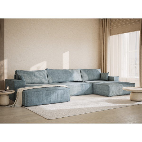 Svetlo modra raztegljiva/s prostorom za shranjevanje kotna sedežna garnitura iz šenilje (v obliki črke "U") Kyoto – Maison de Rêve-image-1