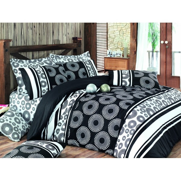 Črna podaljšana bombažna posteljnina za zakonsko posteljo z rjuho in pregrinjalom 220x240 cm Sema - Mijolnir