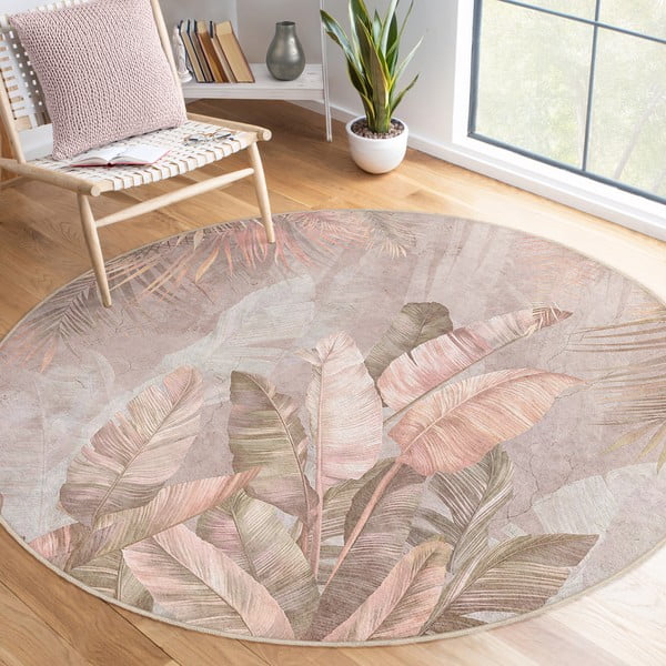 Svetlo rožnata pralna okrogla preproga ø 120 cm Dusty Leaves – Mila Home-image-1