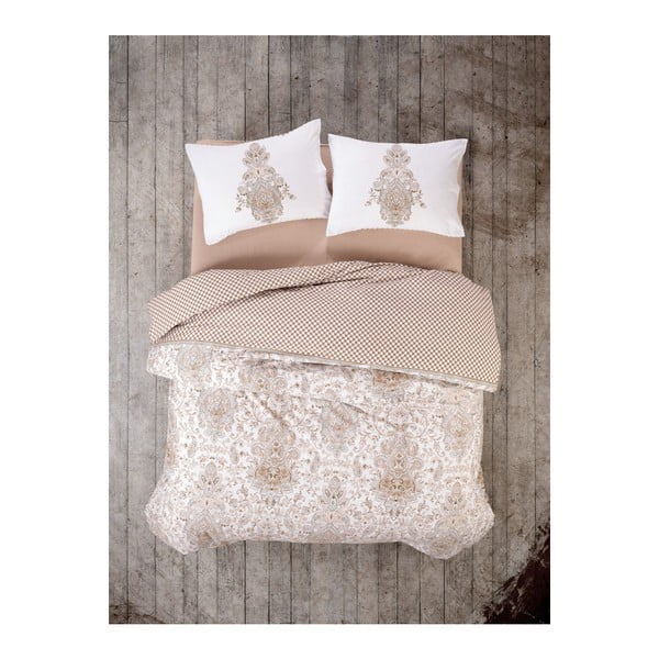 Bombažna posteljnina z rjuho za zakonsko posteljo Tamara Beige, 200 x 220 cm