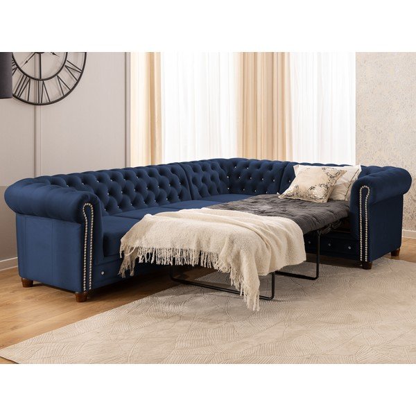 Modra žametna raztegljiva kotna sedežna garnitura (desni kot/v obliki črke L) York Blik – Ropez-image-4