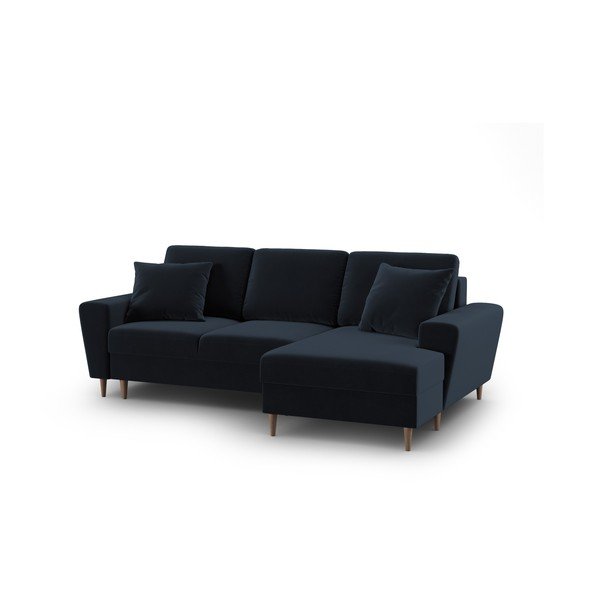 Temno modra žametna raztegljiva kotna sedežna garnitura s prostorom za shranjevanje (desni kot/z ležalnikom) Kyoto – Cosmopolitan Design-image-1