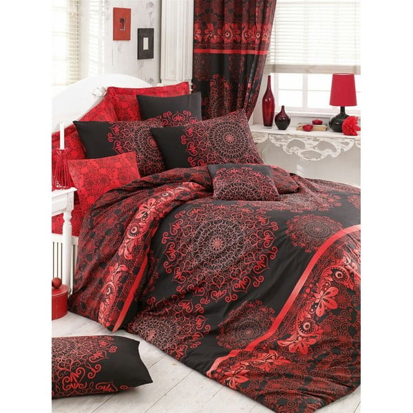Rdeče-črna podaljšana bombažna posteljnina za zakonsko posteljo z rjuho in pregrinjalom 220x240 cm Osmanli - Mijolnir