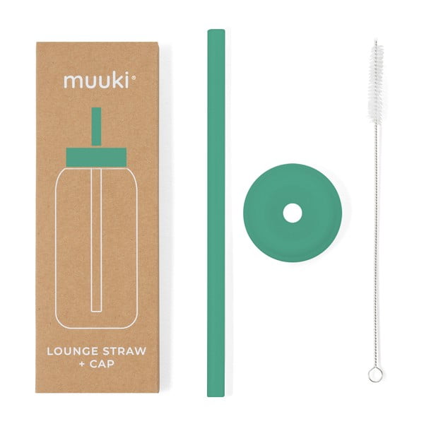 Silikonska slamica s čistilno krtačko in pokrovom Frosted Green – Muuki