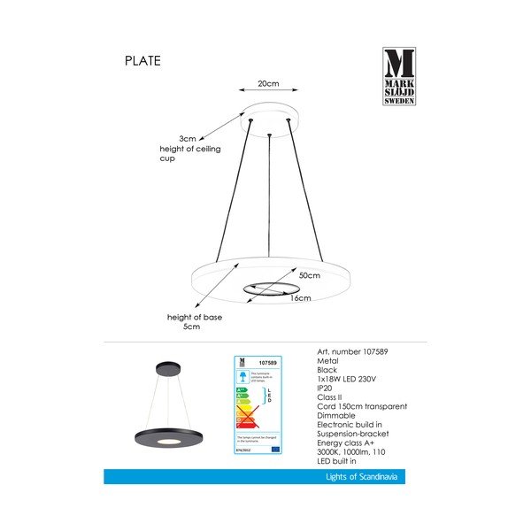 Črna viseča svetilka Markslöjd Plate, ø 50 cm-image-1
