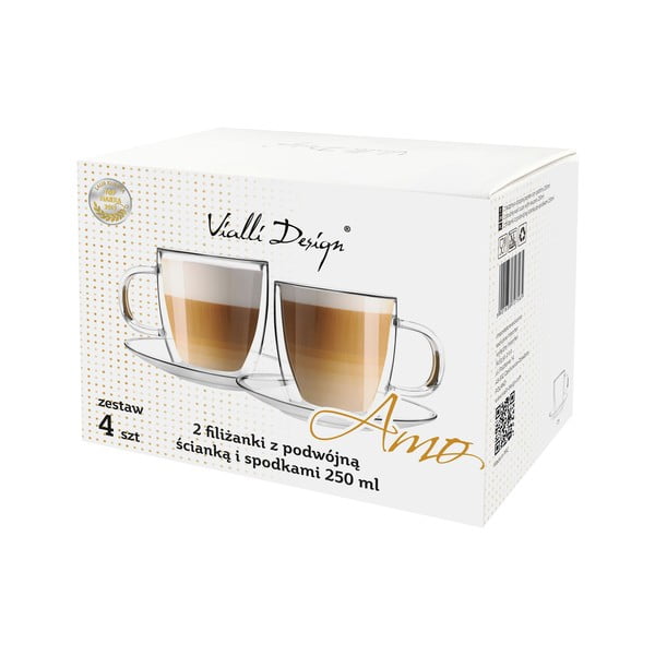 Komplet 2 steklenih skodelic z dvojno steno in krožnikom Vialli Design, 250 ml-image-4