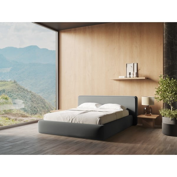Siva oblazinjena zakonska postelja s prostorom za shranjevanje z letvenim dnom 140x200 cm Kiana – Makamii-image-1